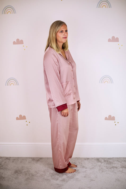 Adult's satin classic 'polka dot' printed revere collar PJ set