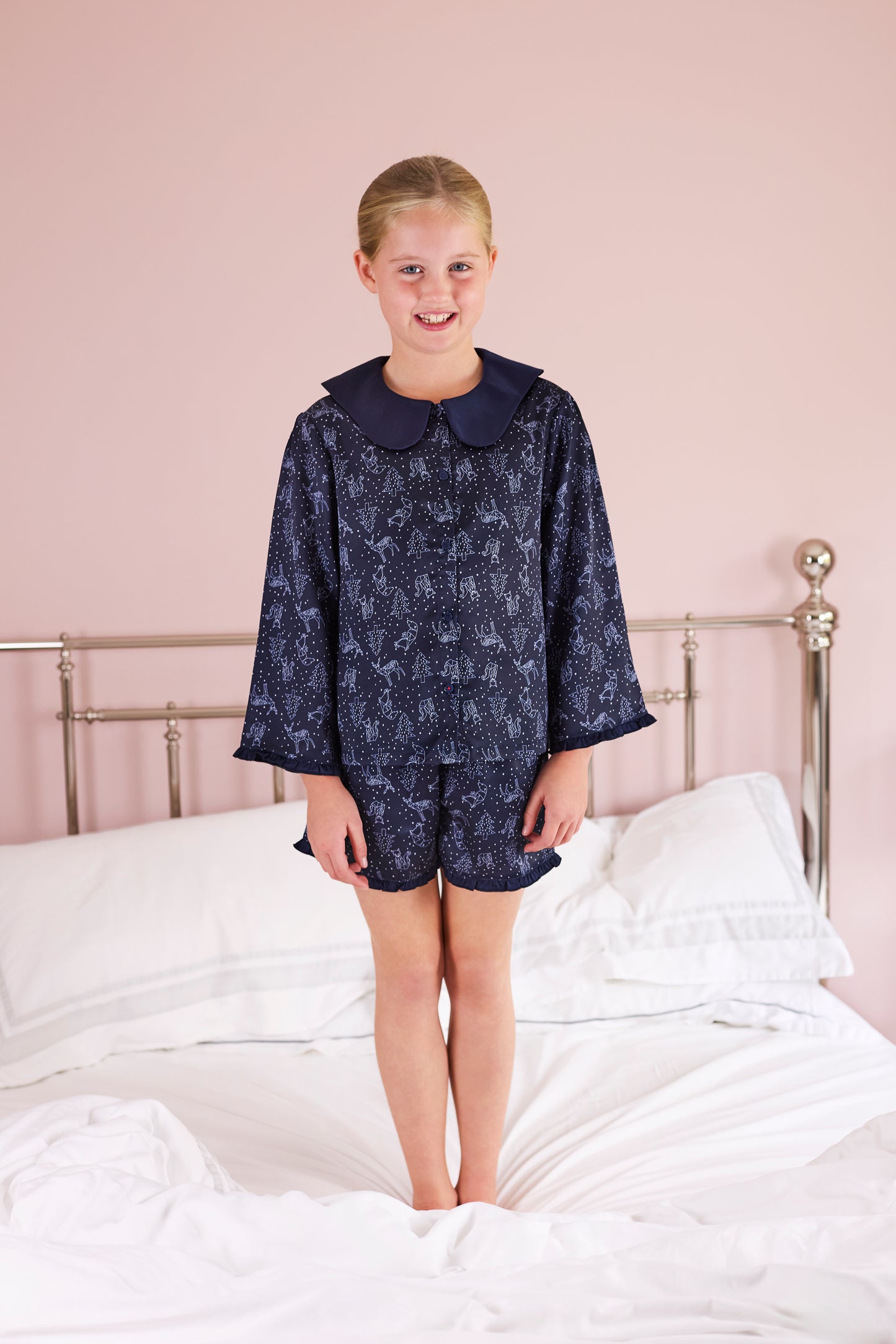 Kid's wave collar 'origami night forest' printed PJ shortie set (4 - 11 years)