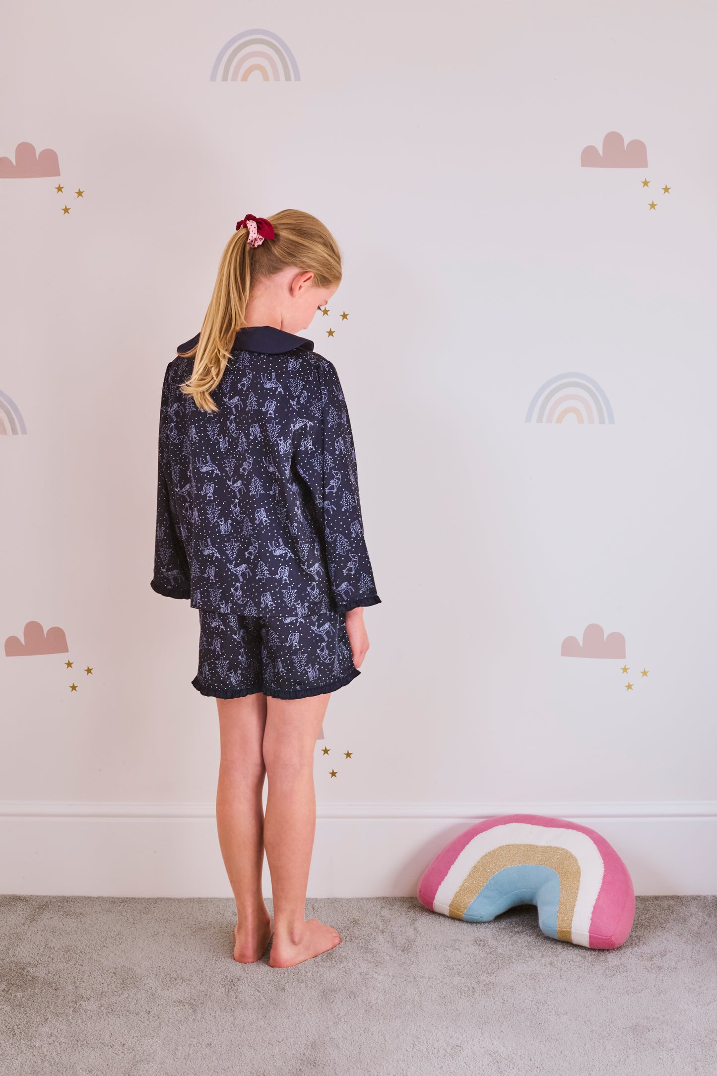 Kid's wave collar 'origami night forest' printed PJ shortie set (4 - 11 years)
