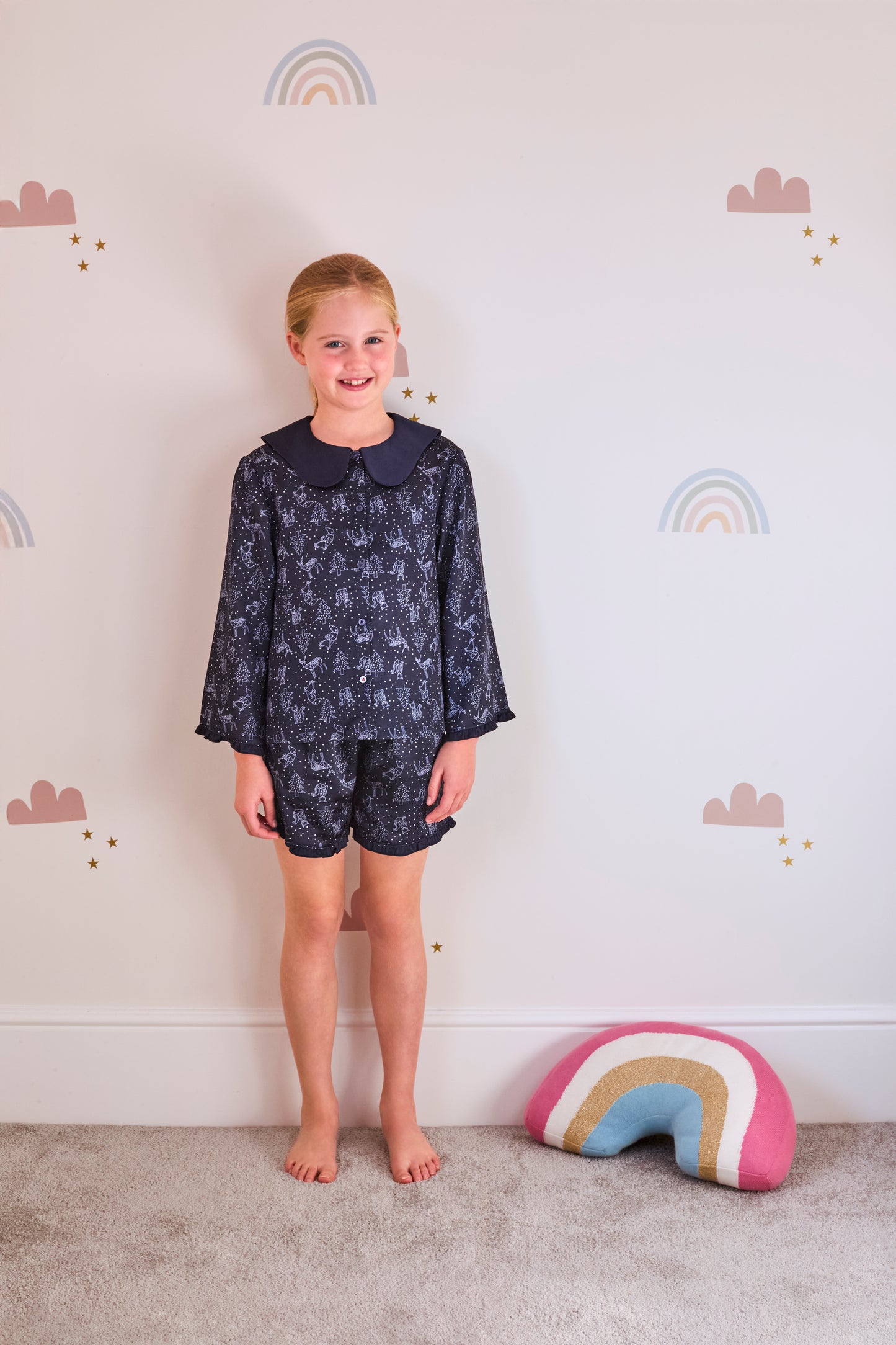 Kid's wave collar 'origami night forest' printed PJ shortie set (4 - 11 years)