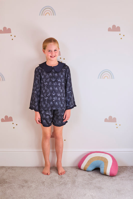 Kid's wave collar 'origami night forest' printed PJ shortie set (4 - 11 years)