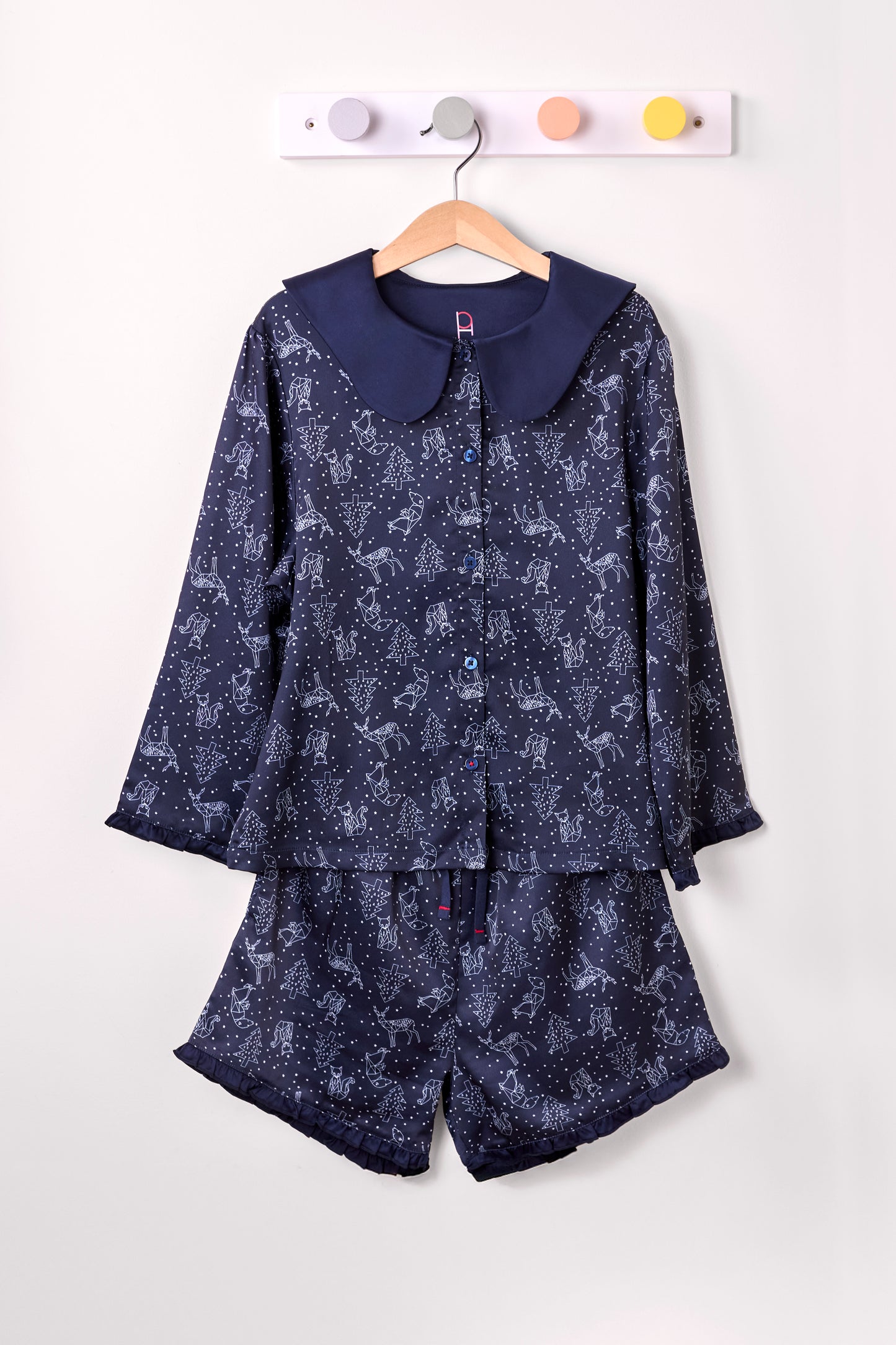 Kid's wave collar 'origami night forest' printed PJ shortie set (4 - 11 years)