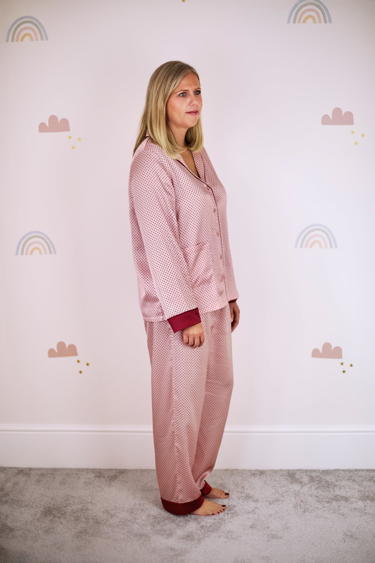 Adult's satin classic 'polka dot' printed revere collar PJ set