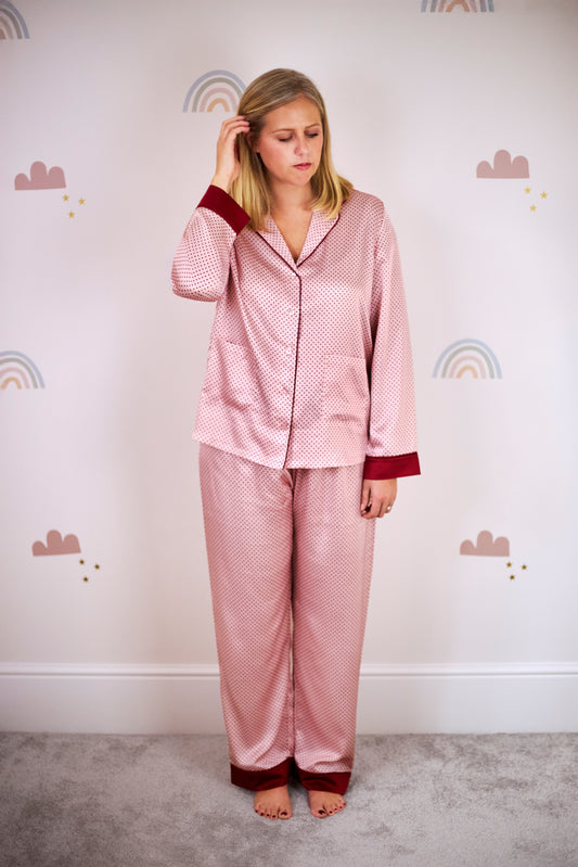 Adult's satin classic 'polka dot' printed revere collar PJ set
