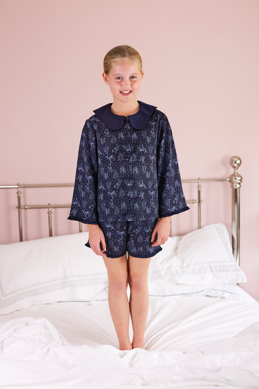 Kid's wave collar 'origami night forest' printed PJ shortie set (4 - 11 years)